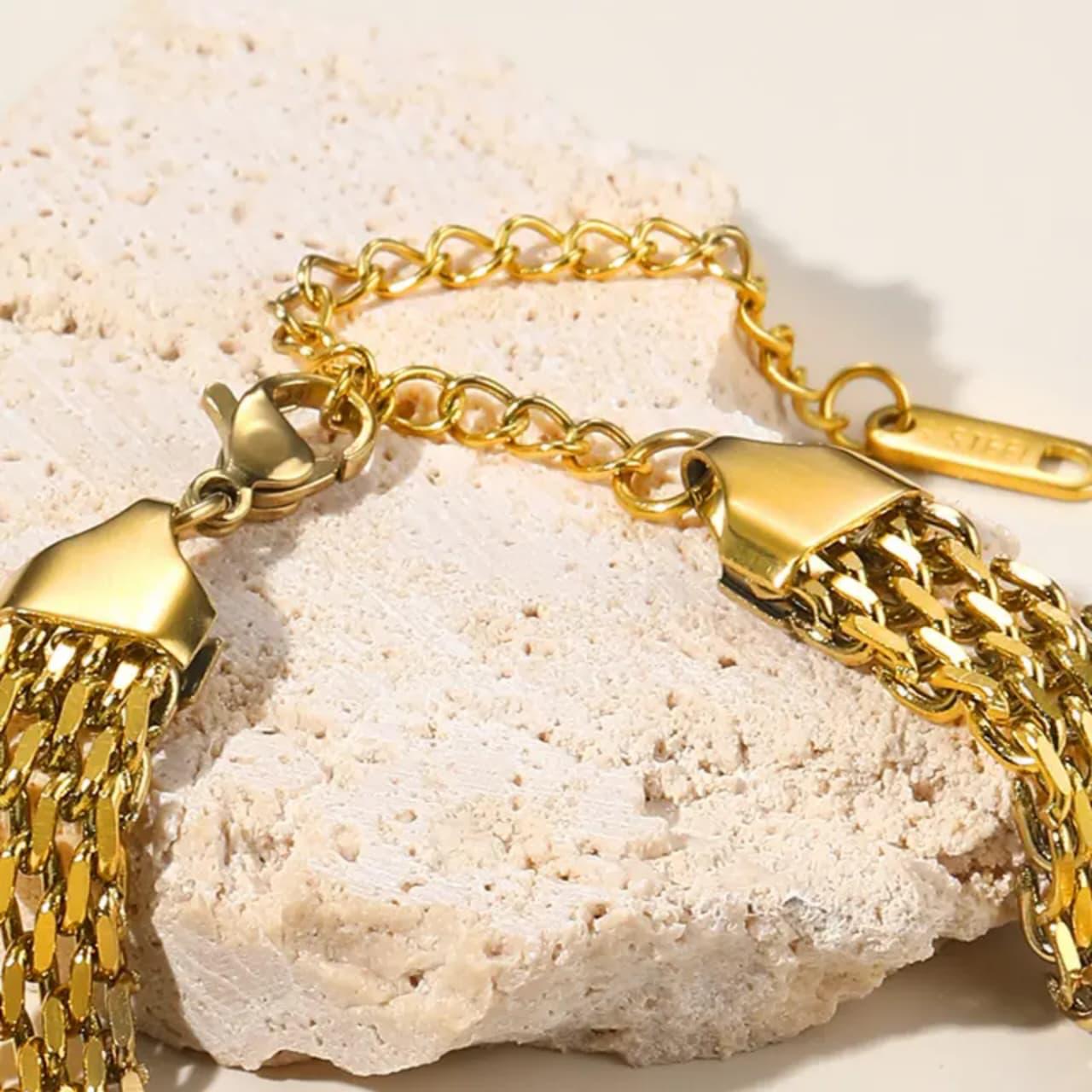 Thick Gold Multi-Layer Woven Chain Bracelet - Flat Curb Link Design