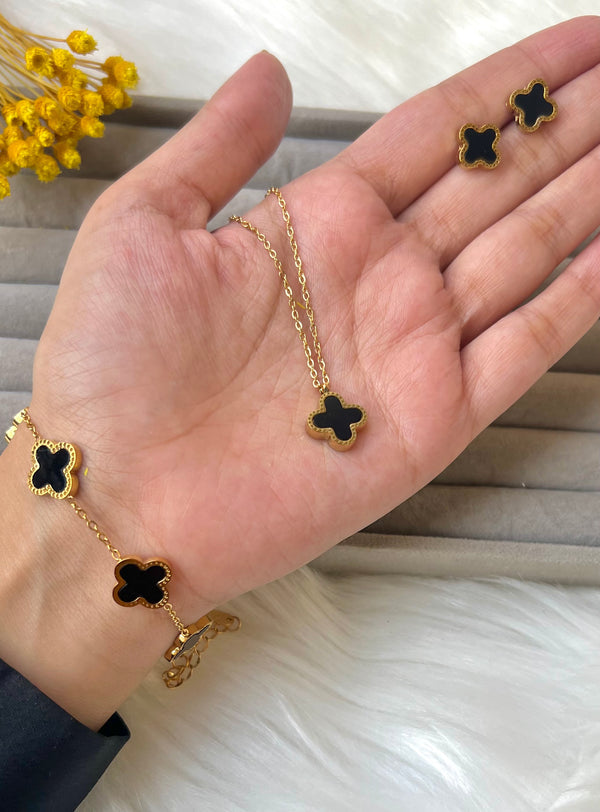 Dainty Black & Gold Clover Leaf 3-Piece Set - Bracelet & Necklace