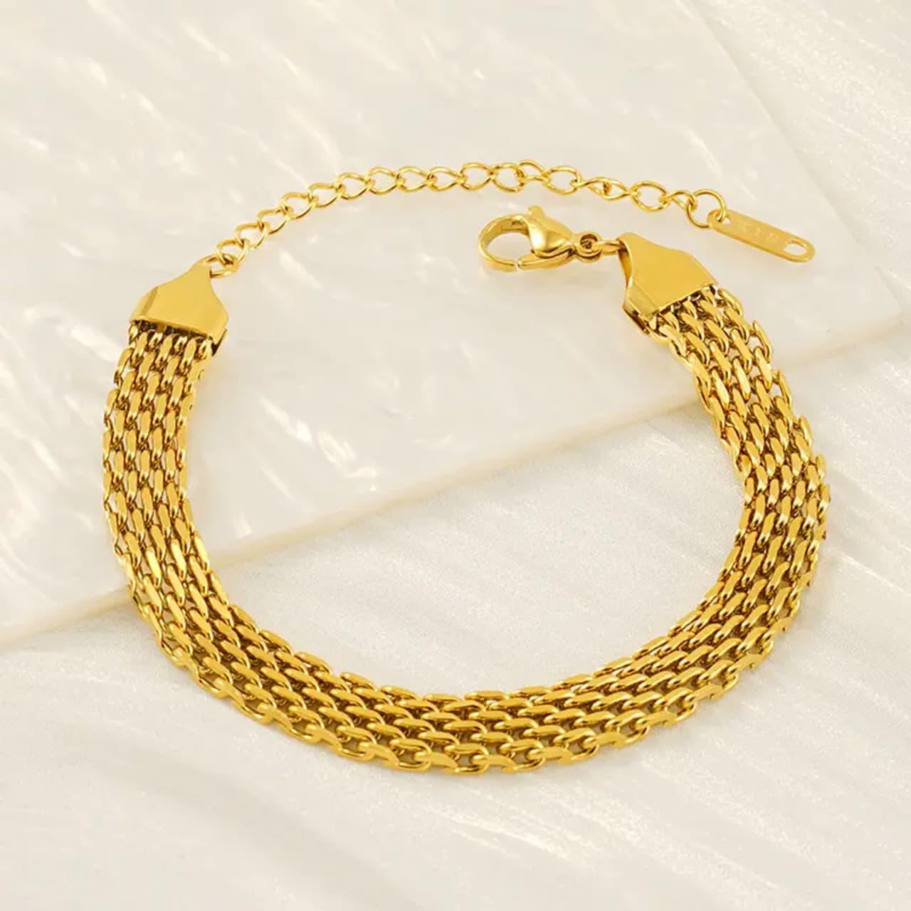 Thick Gold Multi-Layer Woven Chain Bracelet - Flat Curb Link Design