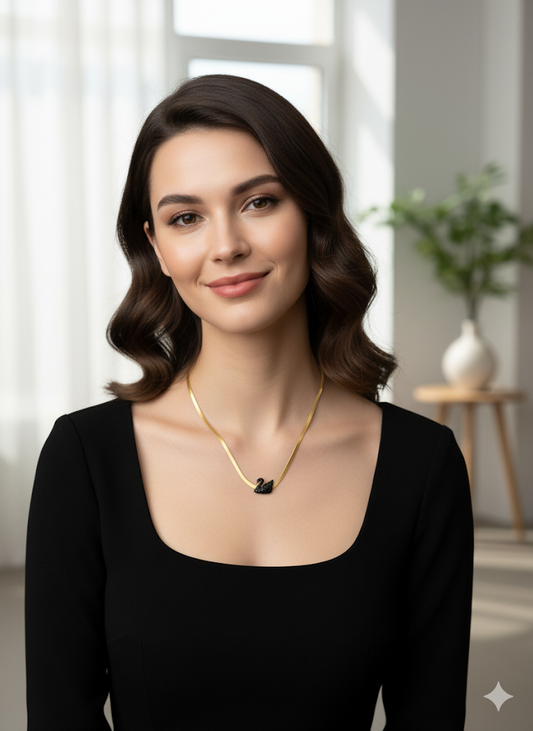 Chic Gold Flat Chain and Black Swan Necklace