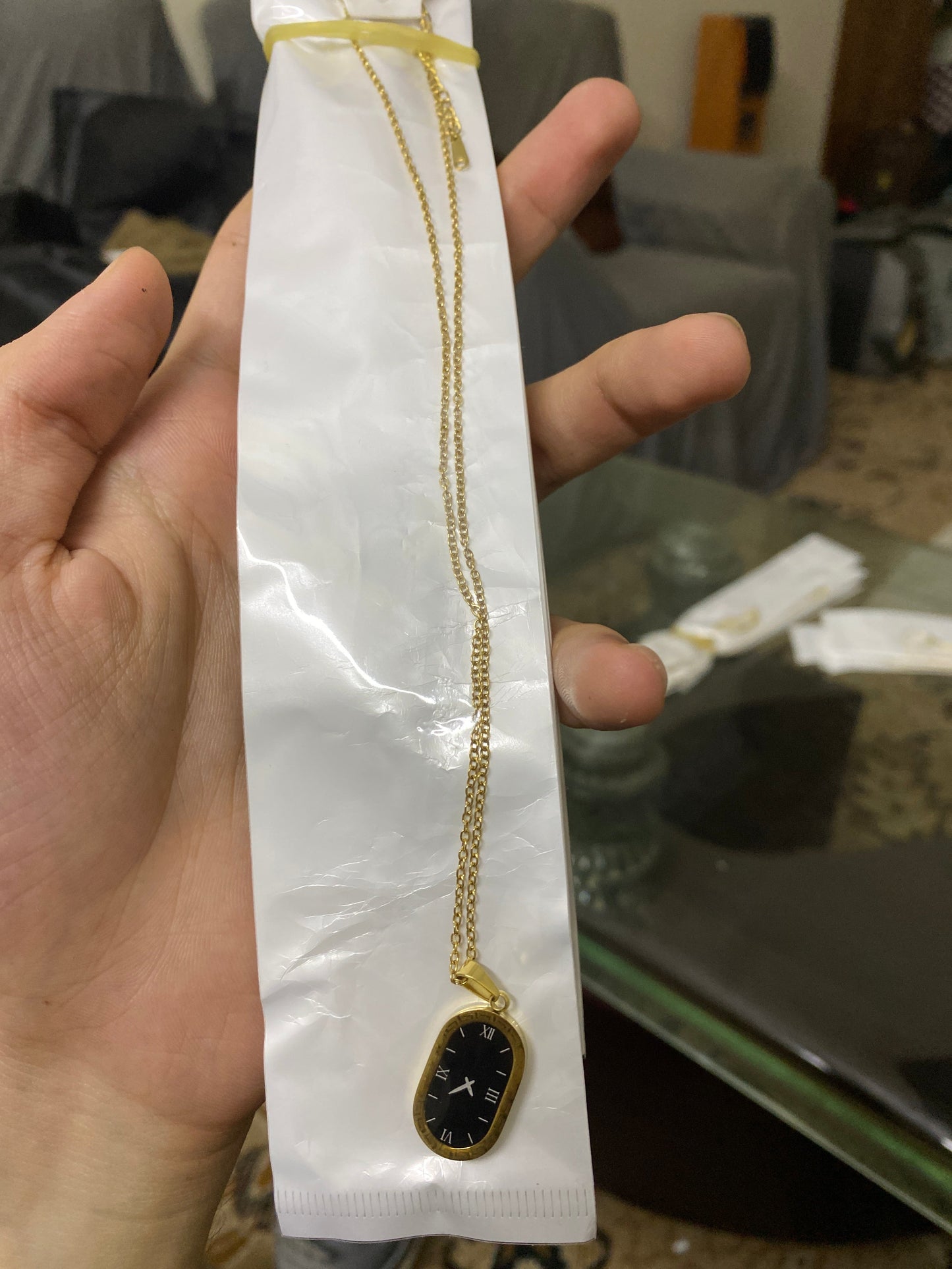 Black Clock Face Gold Pendant Necklace