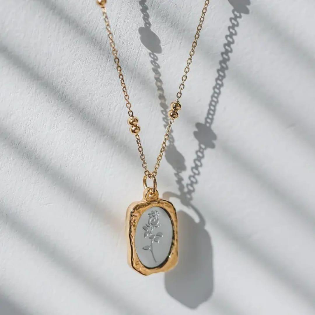 Gold Framed Rose Pendant Necklace