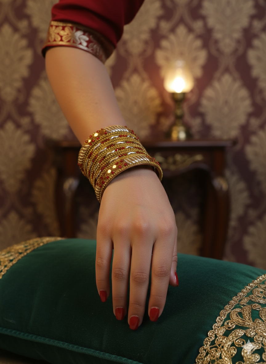 Traditional Gold Plated Bangle Set with Red Stone