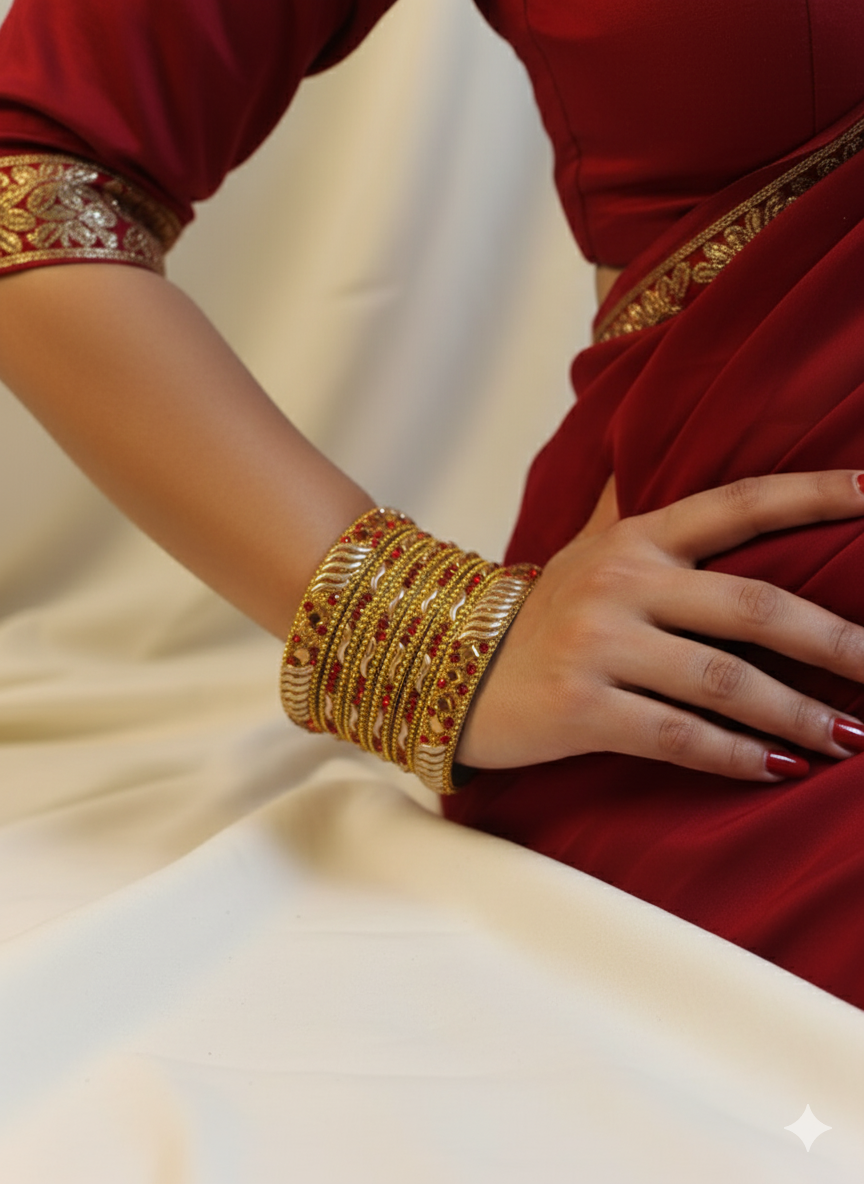 Traditional Gold Plated Bangle Set with Red Stone