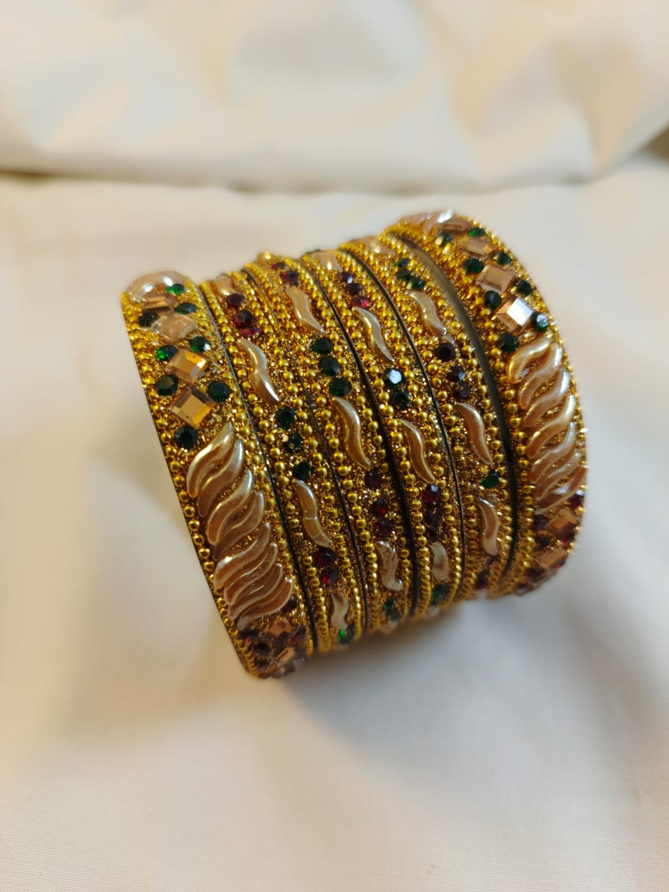 Traditional Gold Plated Bangle Set with Red and Green Color Stones