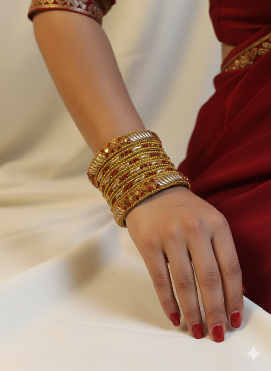 Traditional Gold Plated Bangle Set with Red Stone