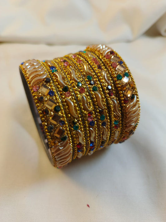 Traditional Gold Plated Bangle Set with Multi-Color Stones