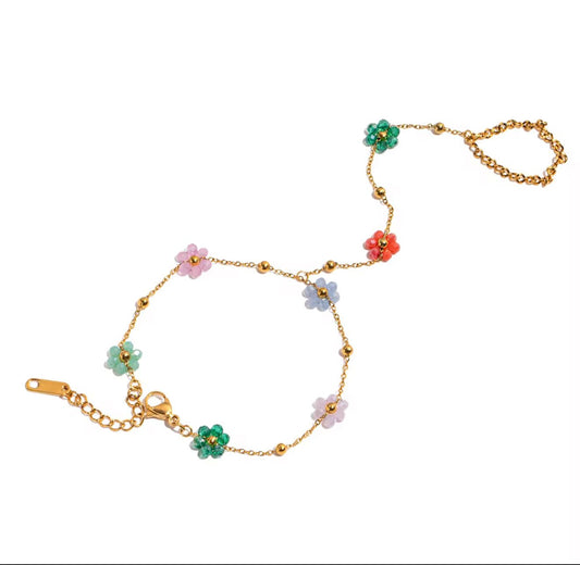 Beaded Flower Hand Chain Bracelet Ring - Dainty Gold-Tone Y2K Style Jewelry