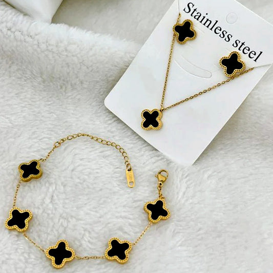 Dainty Black & Gold Clover Leaf 3-Piece Set - Bracelet & Necklace