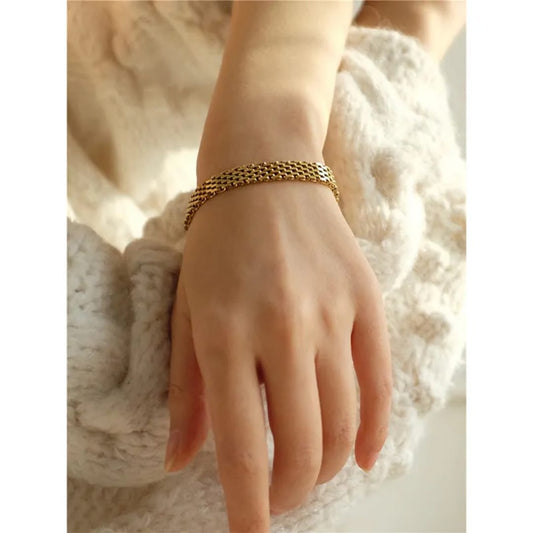 Thick Gold Multi-Layer Woven Chain Bracelet - Flat Curb Link Design