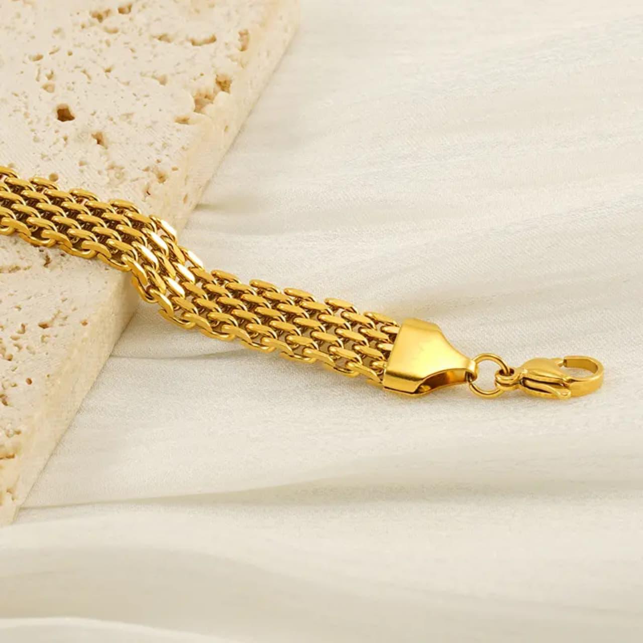 Thick Gold Multi-Layer Woven Chain Bracelet - Flat Curb Link Design