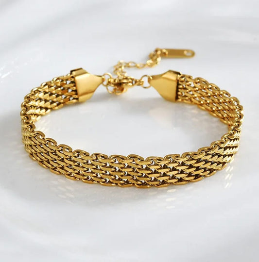 Thick Gold Multi-Layer Woven Chain Bracelet - Flat Curb Link Design