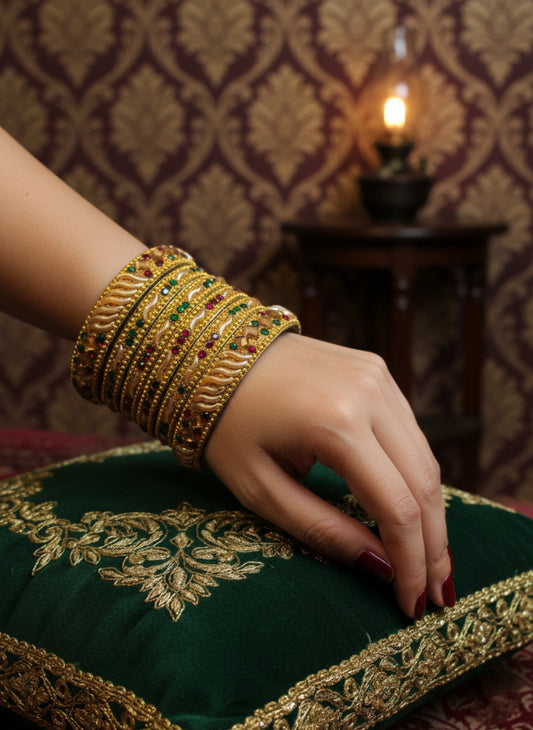 Traditional Gold Plated Bangle Set with Red and Green Color Stones