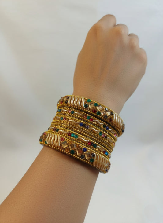 Traditional Gold Plated Bangle Set with Multi-Color Stones