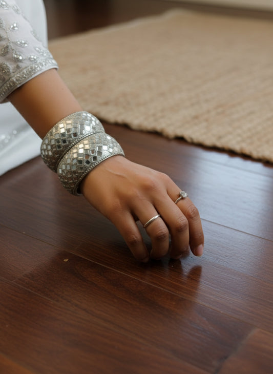 Bridal Silver Mirror Work Kada Bangle Set