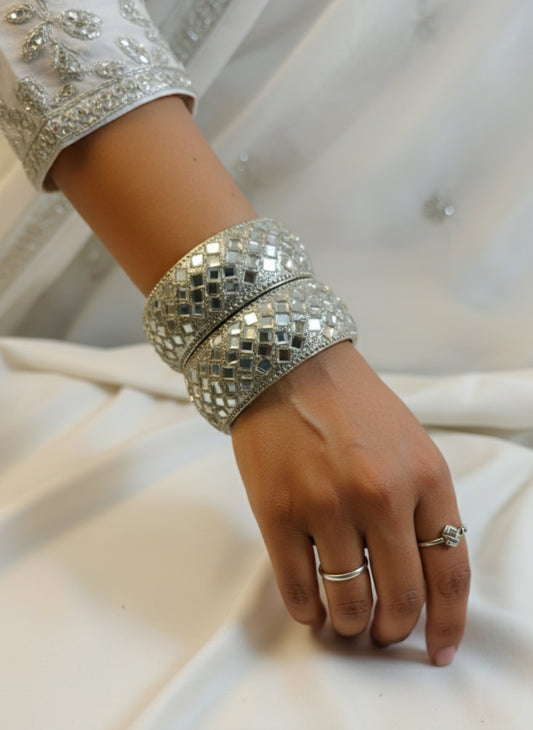 Bridal Silver Mirror Work Kada Bangle Set